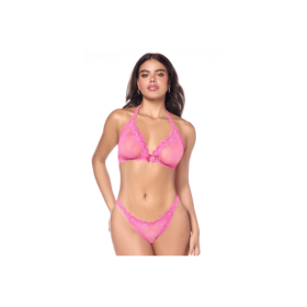 Ensemble sexy 2 pièces rose en dentelle délicate avec haut et string assorti 